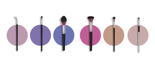 Vector make up brushes for mascara and powder. Besign fashion concept. Realistic cosmetic brushes set banner on white background