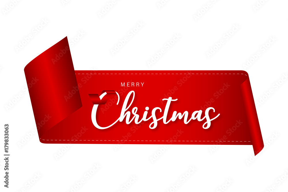 Poster merry christmas text on red ribbon vector eps10.