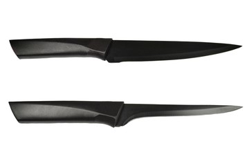 Two black knives with plastic handles and blades with antibacterial coating. The knife for meat, a fillet knife. Isolated on white background