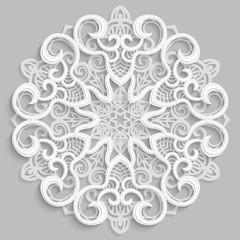 Lace 3D mandala,  round symmetrical openwork pattern,  decorative  snowflake, arabic ornament, decorative design element,  vector