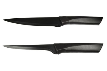 Two knives with black plastic handles and metal blades of black color with antibacterial coating. The knife for meat, a fillet knife. Isolated on white background