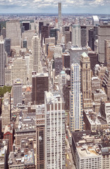 Retro stylized aerial picture of New York City Manhattan skyline, USA.