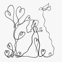A girl with a heart in her hands and a dove, a creative drawing