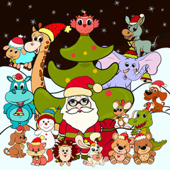 Santa Claus and animals next to a Christmas tree