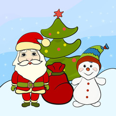 Santa Claus and a funny snowman near the Christmas tree