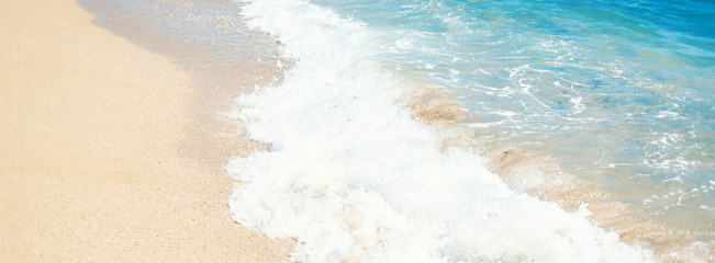 Sea Beach and Sand in summer day  with copy space. Blue Ocean Wave  Textured  Background..