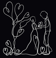 Romantic couple in love drawn by one white line on a black background