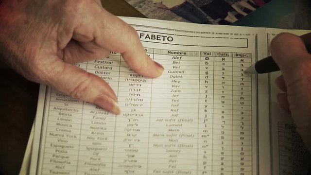 Jewish Heritage: Elderly Woman Studying Hebrew Letters at Home