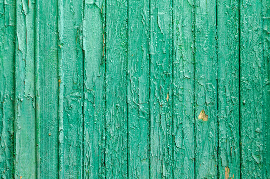 texture peeling green paint on a wooden board on the whole frame