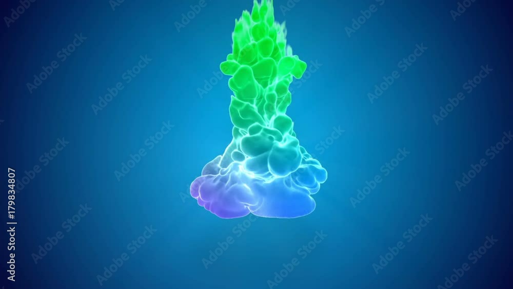 Poster animation of multicolor 3d flow of ink inject in water in slow motion on blue background. cold color
