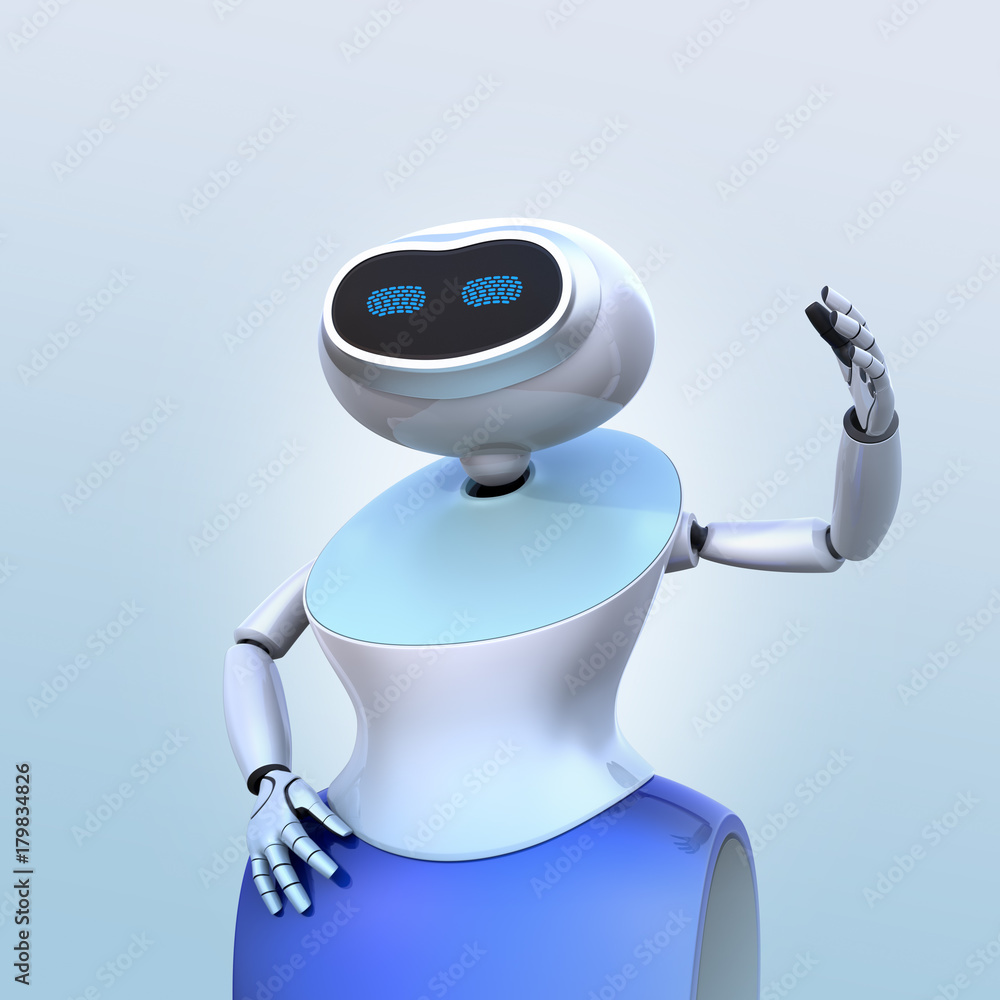 Poster humanoid robot isolated on light blue background. 3d rendering image.