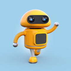 Cute orange robot shaking his right hand isolated on blue background. 3D rendering image.