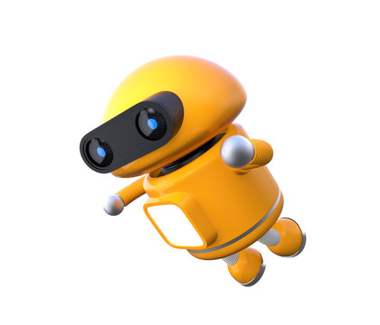 Cute orange robot is floating in the air. 3D rendering image.