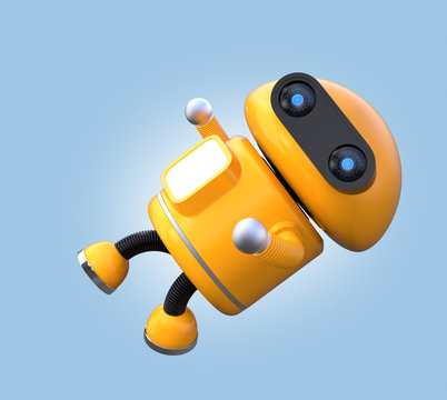Cute orange robot is floating in the air. 3D rendering image.