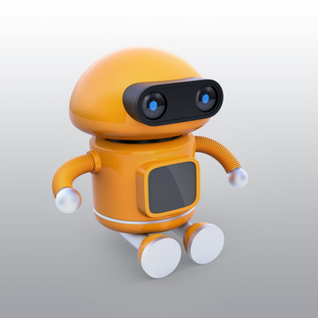 Cute orange robot sitting on the ground. 3D rendering image.