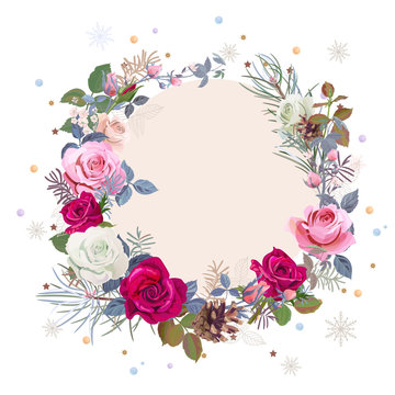 Christmas card, wreath of flowers. Round frame with white, red, pink roses, twigs, pine branches, cones, snowflakes, stars, tinsel, vintage background, digital draw illustration, template, vector