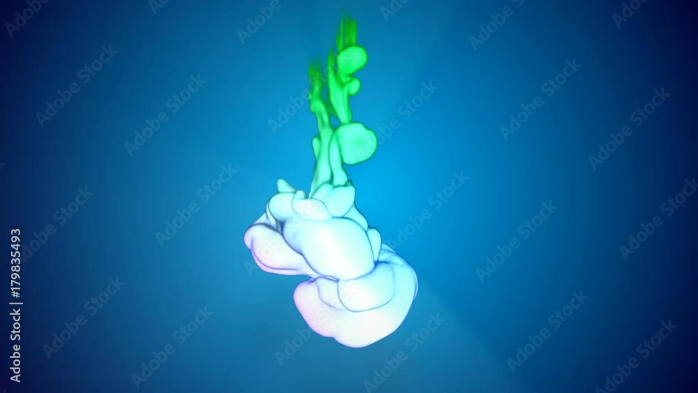 Poster multicolor 3d flow of ink inject in water in slow motion on blue background. cold colors of ink are 