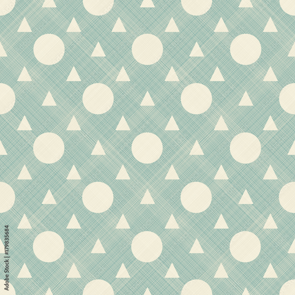 Aufkleber Repeated triangles and circles on green background. Simple abstract wallpaper. Seamless surface pattern design with geometric figures. Modern style digital paper, textile print, page fill. Vector art