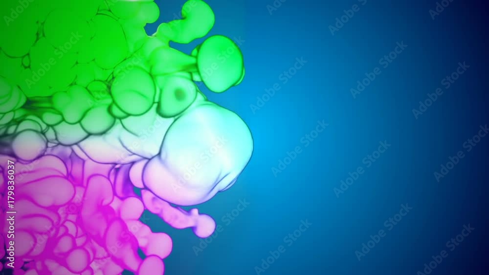 Poster multicolor 3d flow of ink inject in water in slow motion on blue background. cold colors of ink are 