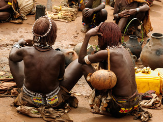 Local Ethiopian people coming back from the market from the Dimeka village in the Omo valley in...