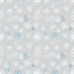 Christmas snowflakes pattern. Winter seamless texture. Vector grey background template.