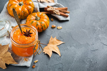 Fall autumn pumpkin jam confiture with spices