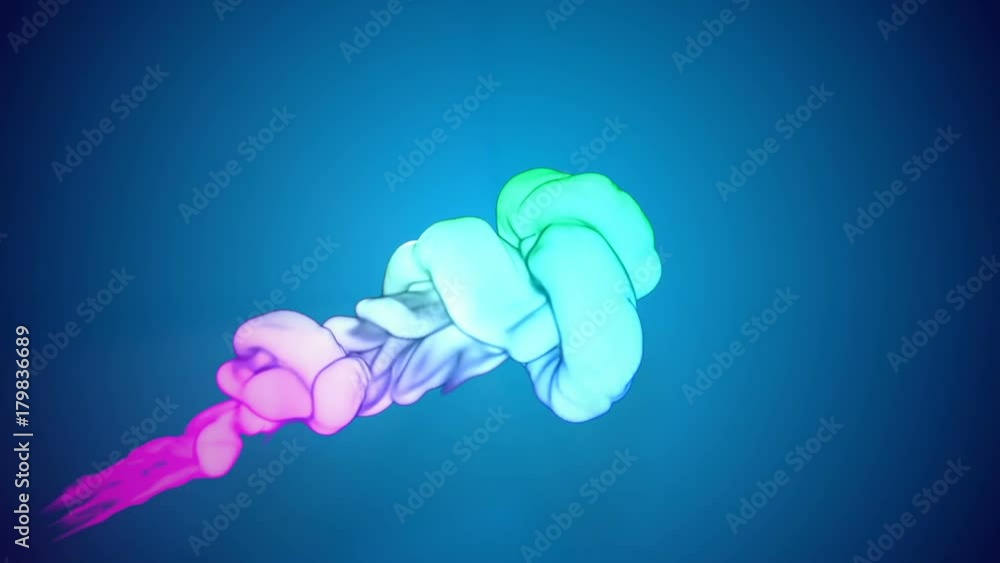 Poster multicolor 3d flow of ink inject in water in slow motion on blue background. cold colors of ink are 