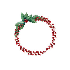 Watercolor Christmas wreath of branches of holly and red berries on a white background. Bright frame for your holiday, wishes, greeting and design