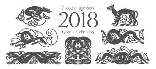Set of celtic symbols of dogs. Design elements in tribal style.