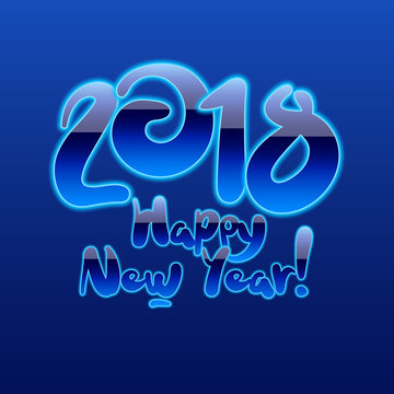 Vector blue Neon Glowing cool Happy New Year 2018 Greeting Card