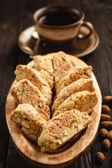 Homemade biscotti with almond and cup of coffee.