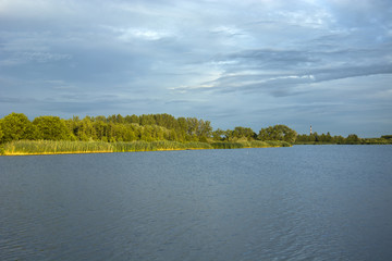 Forest on the shore of the lake and cloudy sky