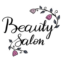 Vector Hand written logo beauty salon decals, label, badge or emblem. Adorned with painted flowers and plants that can be separated from the labels and used separately.