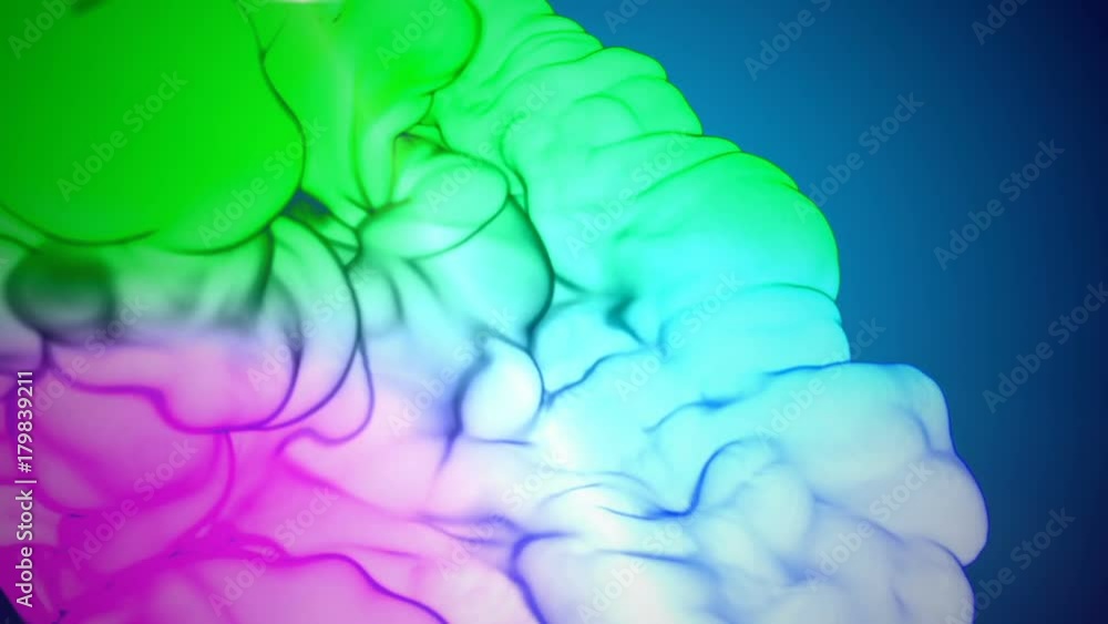 Poster multicolor 3d flow of ink inject in water in slow motion on blue background. cold colors of ink are 