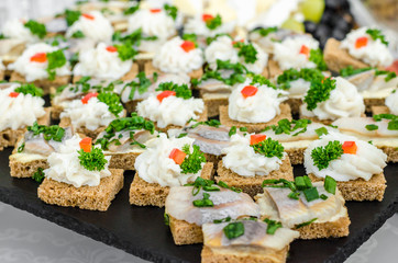 Slices of rye bread wheat bread with herring pieces sprinkled with green onion on a black granite plate. The bacon is milled in a meat grinder on a toast a piece of bread. Buffet snack menu for beer.