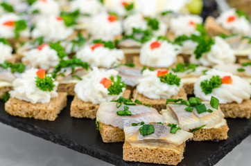 Slices of rye bread wheat bread with herring pieces sprinkled with green onion on a black granite plate. The bacon is milled in a meat grinder on a toast a piece of bread. Buffet snack menu for beer.