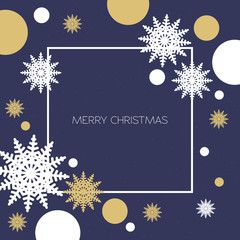Christmas background with gold and white snowflakes and circles on a blue template for postcards. Vector