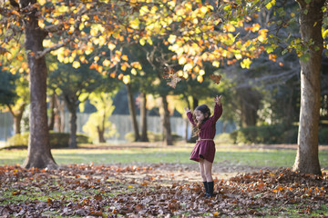 Little girl playing with fallen leaves