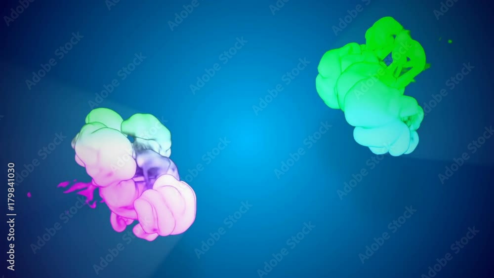 Poster multicolor 3d flow of ink inject in water in slow motion on blue background. cold colors of ink are 