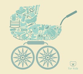 Fototapeta na wymiar Icons of products for babies In the form of a stroller