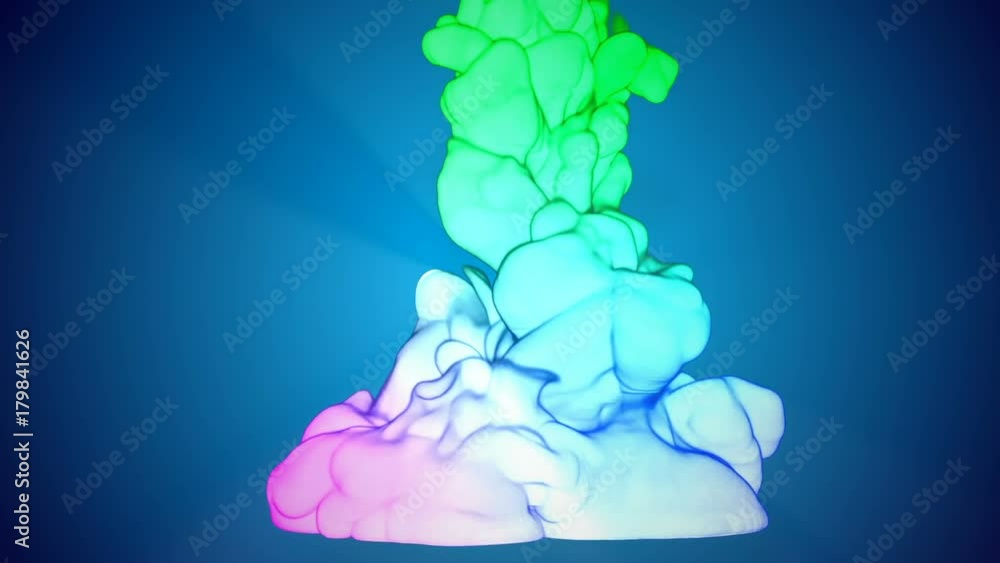 Poster multicolor 3d flow of ink inject in water in slow motion on blue background. cold colors of ink are 