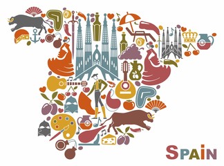 Traditional symbols of Spain in the form of a map