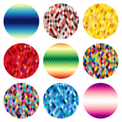 Set of nine colorful circles of rhombuses isolated on white background. Abstract vector background.
