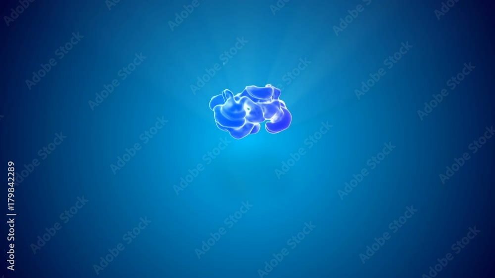 Poster 3d animation of multicolor flow of glowing ink inject in water in slow motion on blue background. co