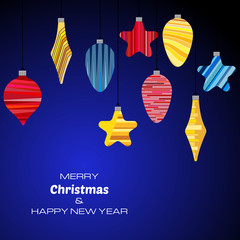Merry Christmas and Happy New Year dark blue background with christmas balls. Vector background  for your greeting cards, invitations, festive posters. 
