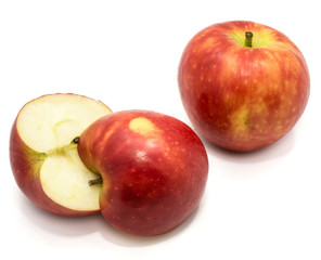 Naklejka na ściany i meble Red Kanzi apple, one whole, two halves, isolated on white background