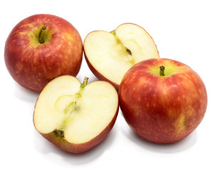 Naklejka na ściany i meble Red Kanzi apples, two whole, two halves, isolated on white background