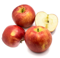 Fototapeta na wymiar Red Kanzi apples, two whole, two halves, isolated on white background