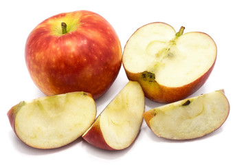 Naklejka na ściany i meble One whole Kanzi apple, one half, three slices, isolated on white background
