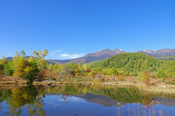 Fototapeta na wymiar 秋のまいめの池と乗鞍岳